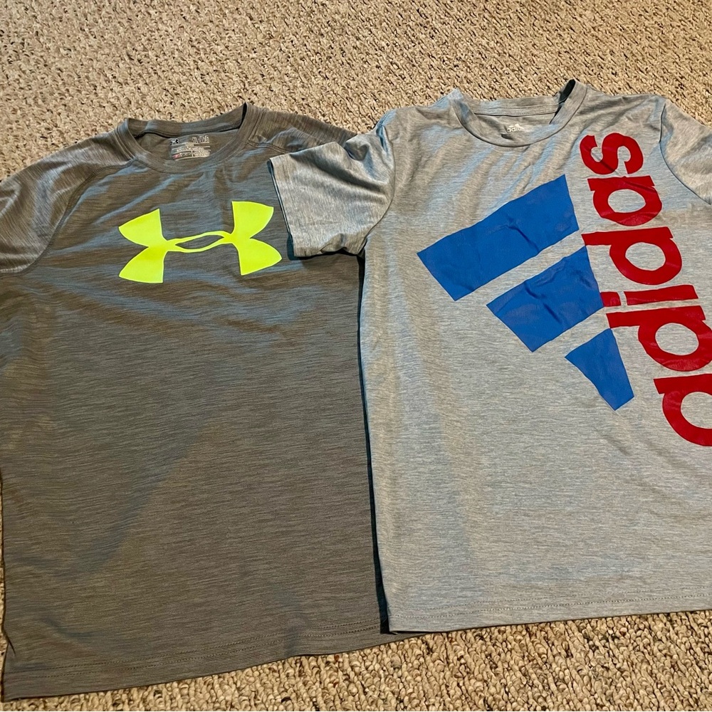 Under Armour Gray Tee with Neon Yellow Logo and Adidas gray tee